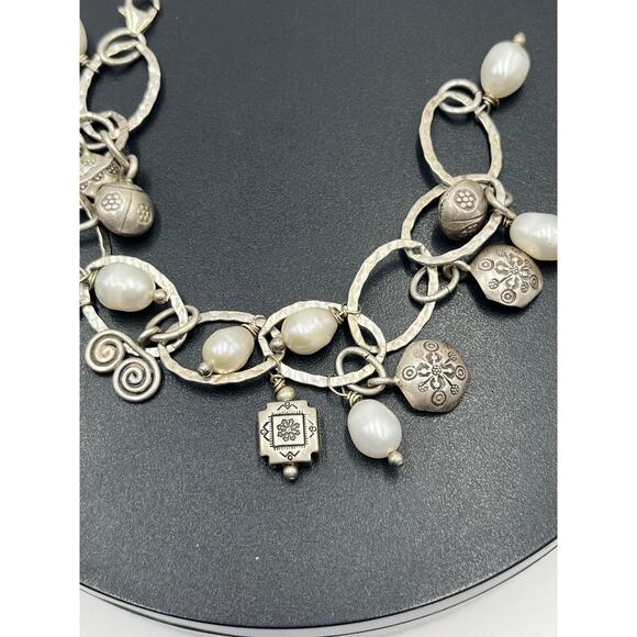 Artisan Sterling Silver White Freshwater Pearl Ladybug Link Charm Bracelet - Picture 11 of 13